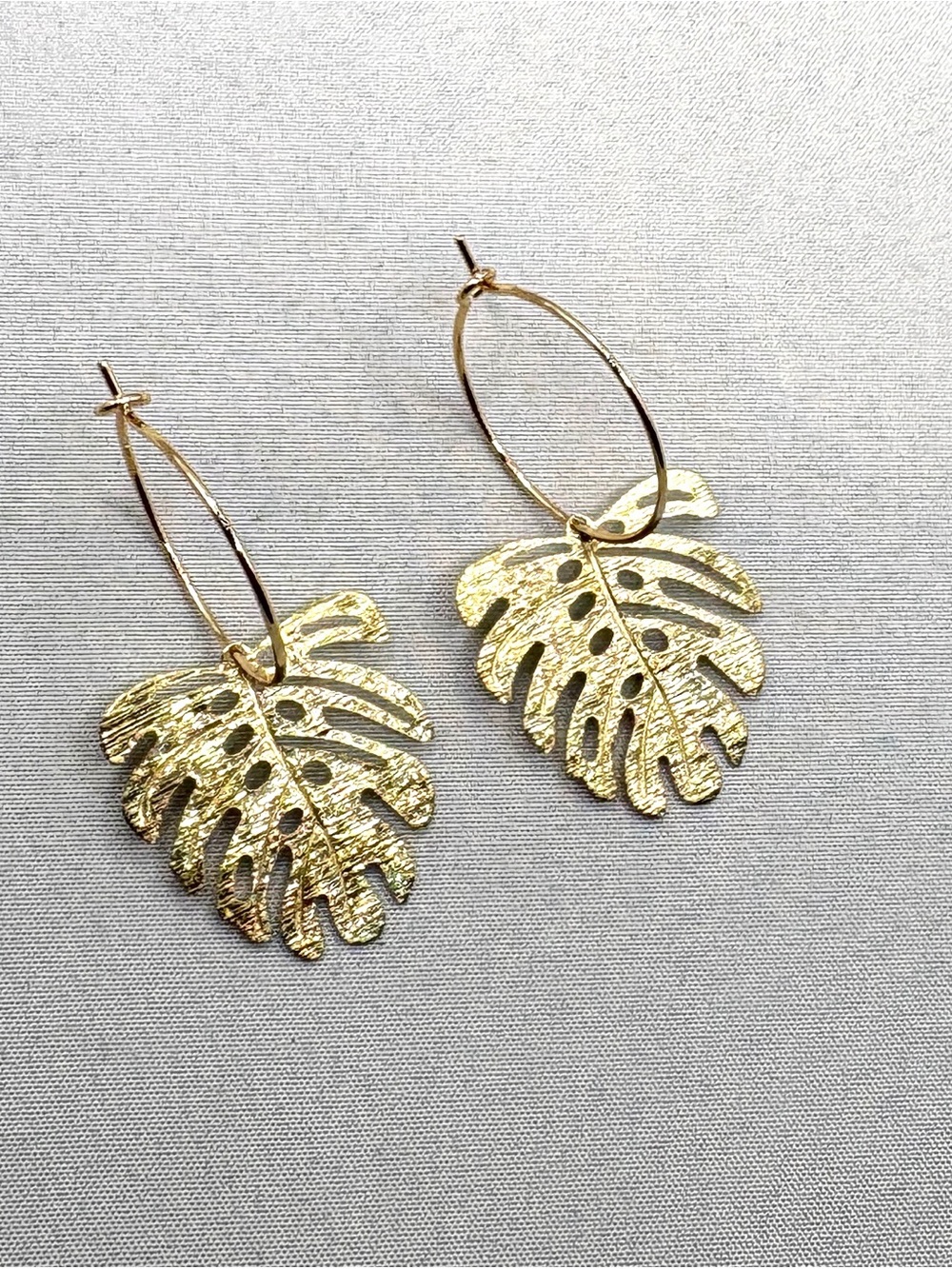 Textured Gold Monstera Hoop Leaf Earrings - Women Jewelry